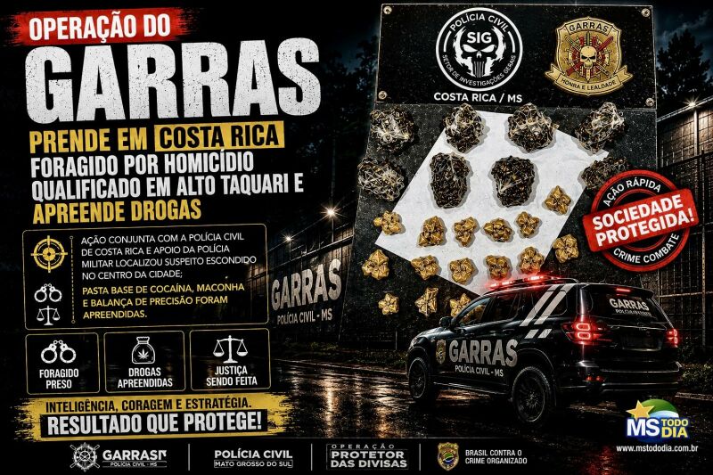 Imagem ilustrativa da matéria Operação do GARRAS prende em Costa Rica foragido por homicídio qualificado em Alto Taquari e apreende drogas